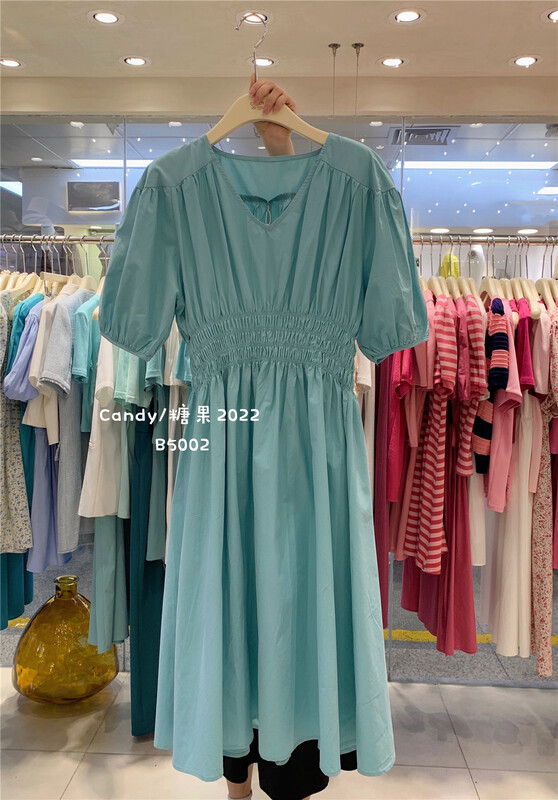 [candy] fresh and simple V-neck with waist showing thin middle length dress 5002\zjy