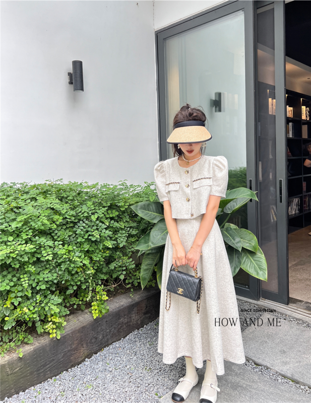 [how and me] short sleeve button coat + high waist slim skirt suit 7189\lsl