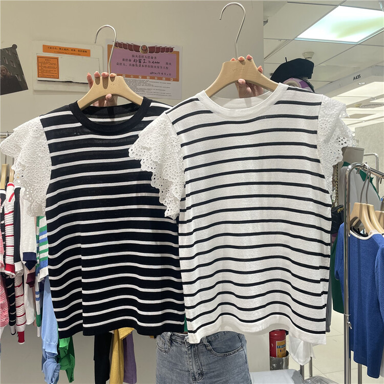 [Weika] stripe lace flying sleeve short sleeve T-shirt 8266\lwy