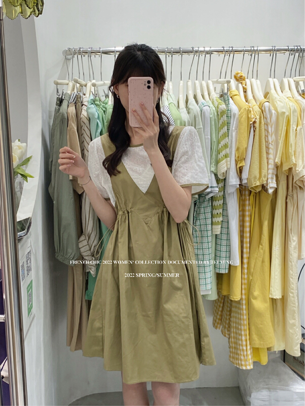 [teem ing] ins design fake two-piece drawstring waist dress 22t363\hjy