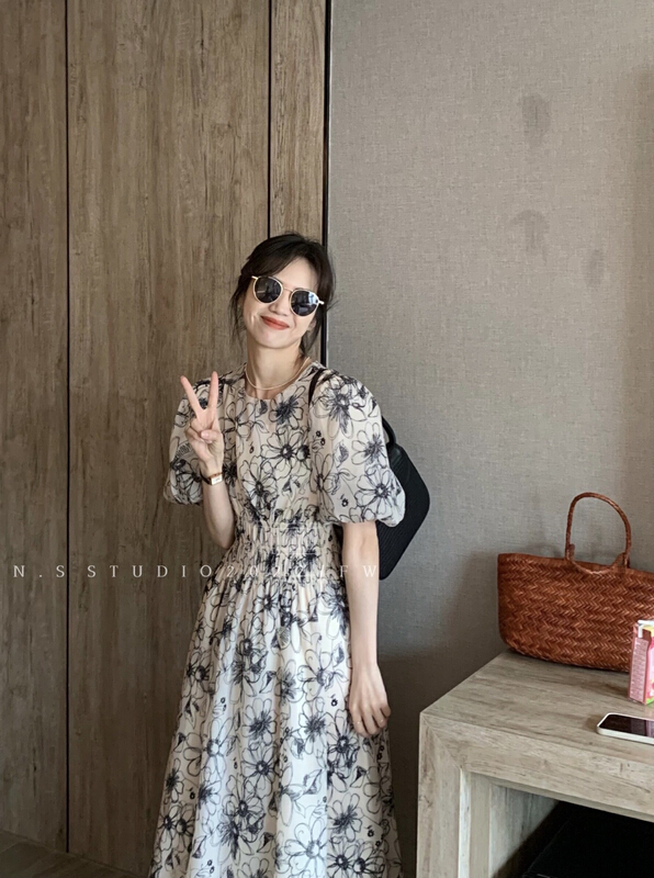 [N.S] French retro bubble sleeve flower waist fold design dress 831\wpl