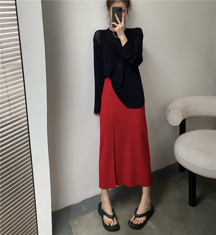 [modern 197] elastic waist solid split skirt 1156a\lsl