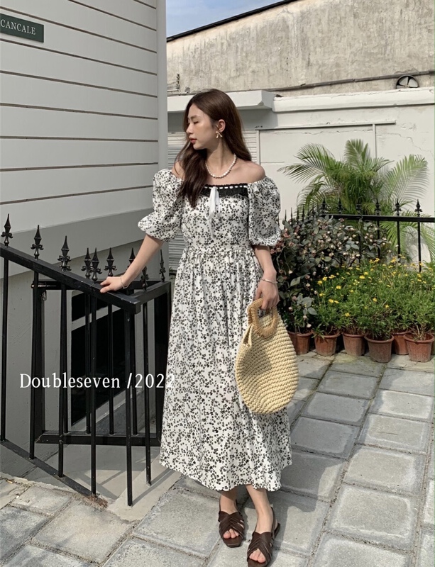 [double seven] fashion floral fresh one line collar dress 28986\zxx