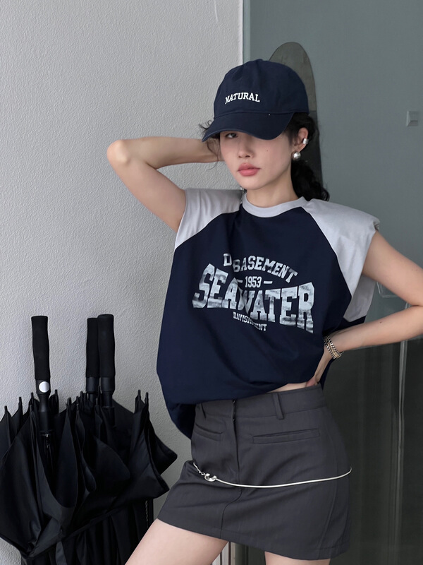 [wht] block letter printed shoulder pad short sleeve T-shirt 5118\wtt