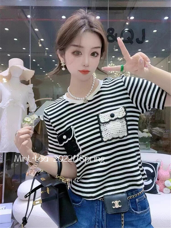[mint tea] fashion stripe simple casual short sleeve T-shirt 22136\zjy