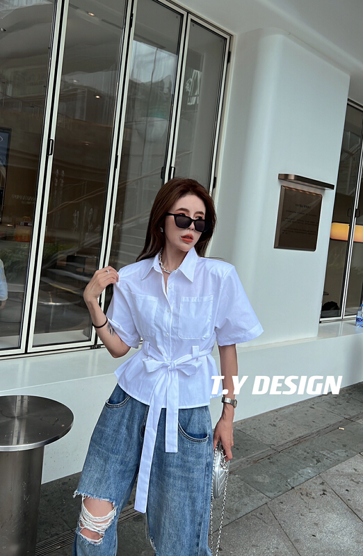 [T.Y Tangyuan family] Korean version simple and versatile shirt (with belt) 2118\ozq