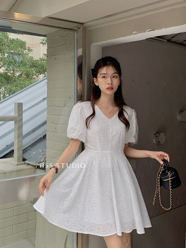 [miss miss home] Korean V-neck temperament sweet Jacquard Dress l6637\zjy
