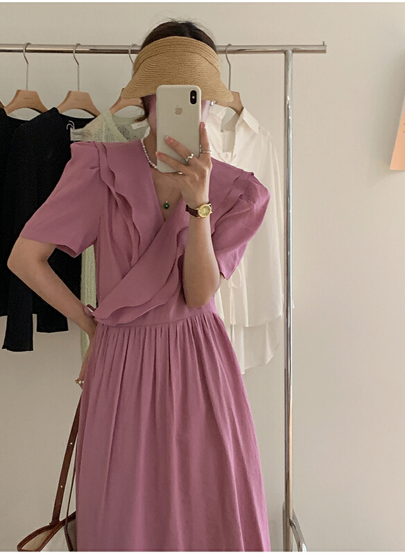 [the mind] Korean style one piece lotus leaf collar lace up solid dress (with waist rope) 60538\jhy