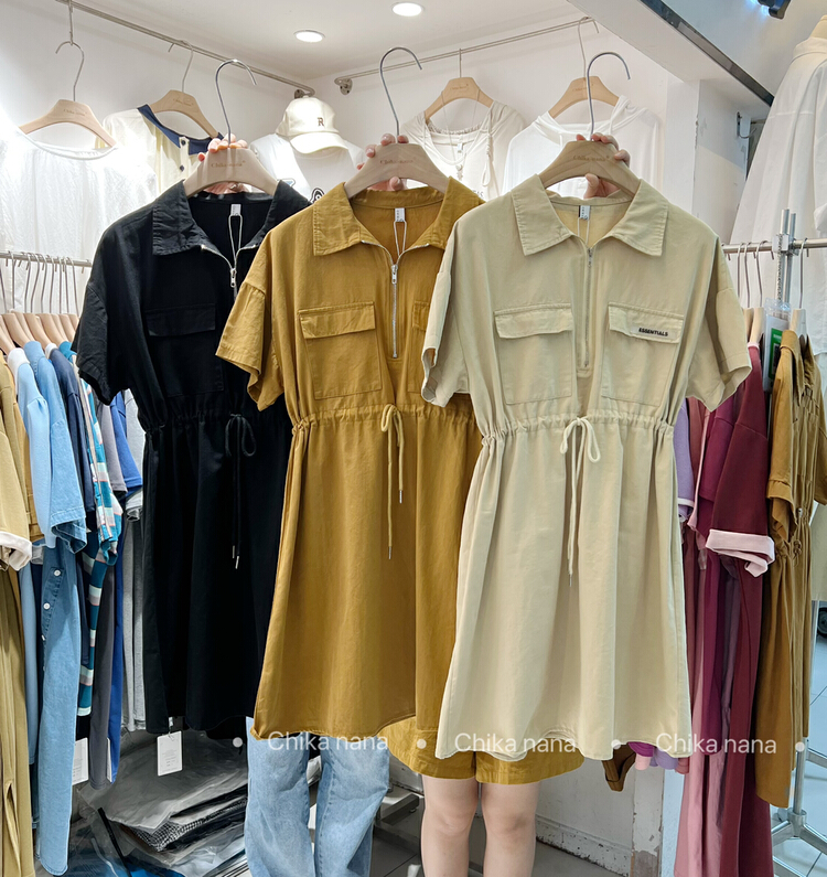 [chika.nana] Korean version of retro Hong Kong Style versatile polo collar waist short sleeve dress 9363\jj