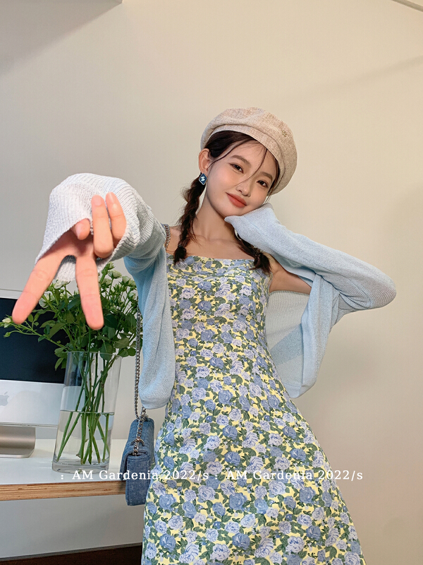 [am Gardenia] candy color cardigan + waist revealing floral suspender skirt two piece set 3683\zxx