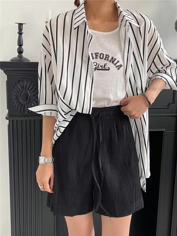 [Xiangli] comfortable and versatile striped shirt + letter suspender vest set (only selling shirts + vests) 8568\pcz
