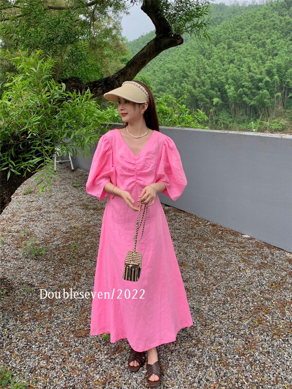 [double seven] Korean V-neck bubble sleeve dress 28912\zxx