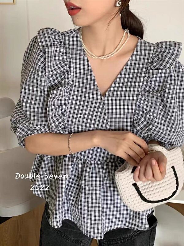 [gogoing] Vintage Plaid V-neck versatile shirt 7950\hyy