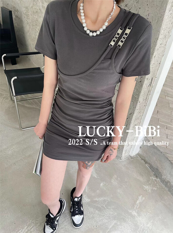 [lucky.bibi] little woman looks thin solid color Hip Wrap short dress 1051\jj