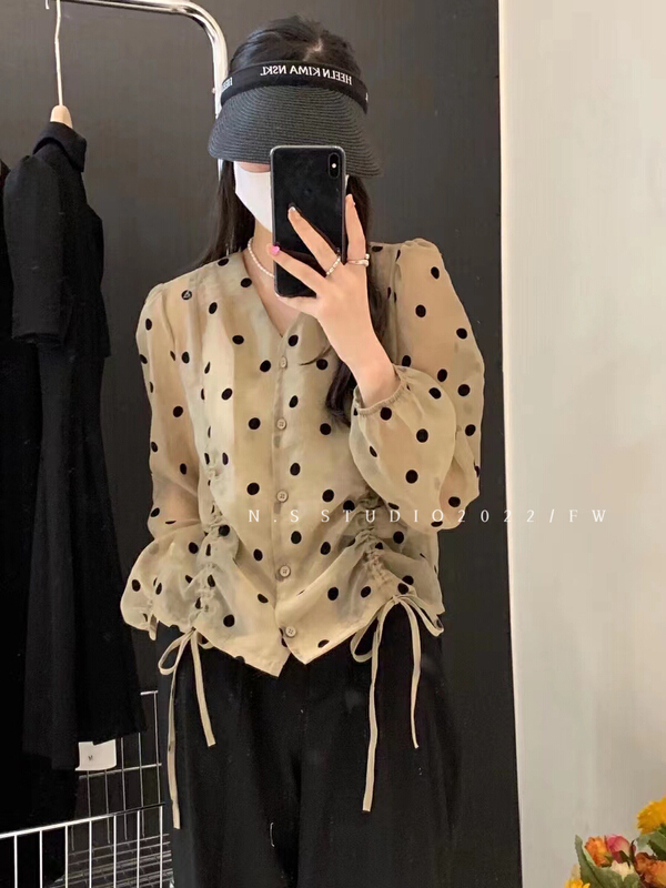 [N.S] Korean style V-neck wave point drawcord design sunscreen shirt 753\wpl
