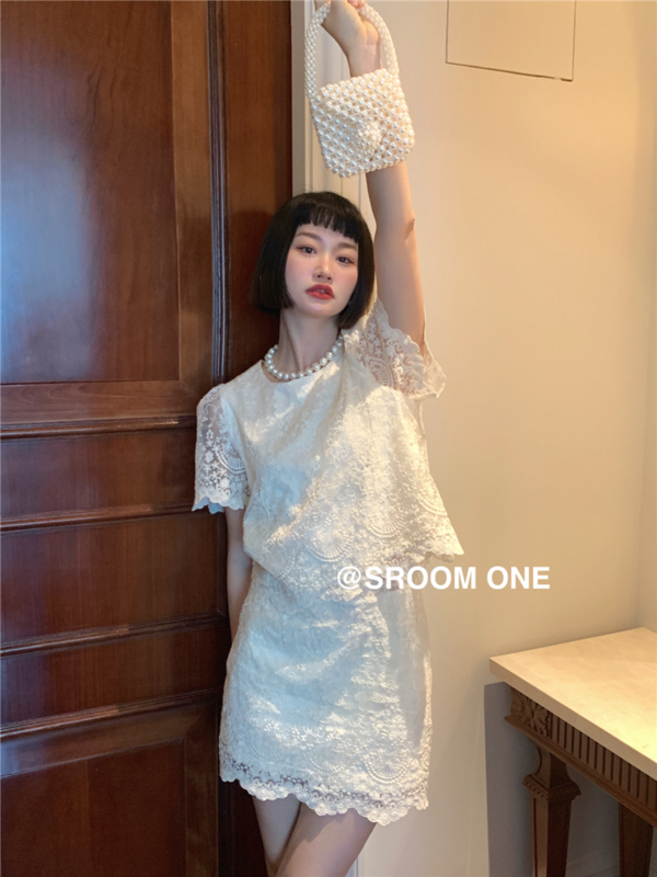 [s.room] bubble sleeve lace blouse + temperament versatile Skirt Set (excluding matching) ys1-5017\lsl