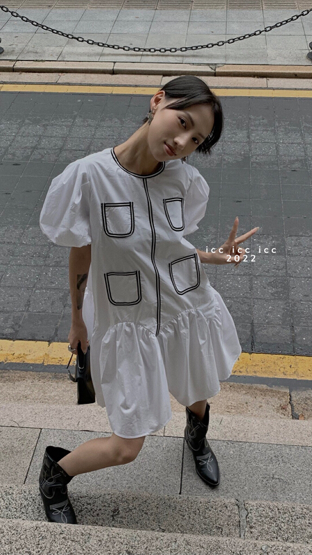 [ICC] ⼩⾹⼝ pocket bubble sleeve dress 8333\pcz