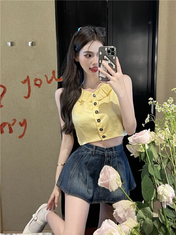 [Doudou family] Korean Ruffle short Vest + denim skirt two piece suit 88431\jj