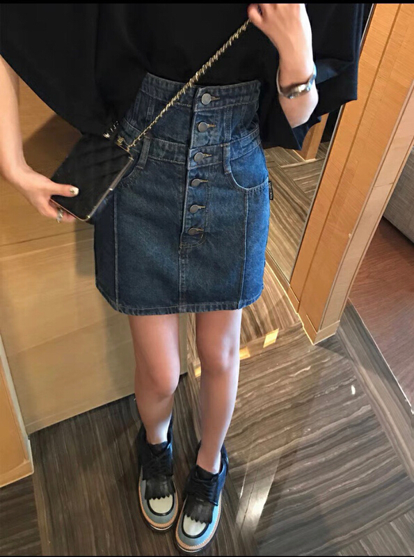[x · h studio] Korean version high waist thin denim A-line wrap hip skirt 9912\ozq