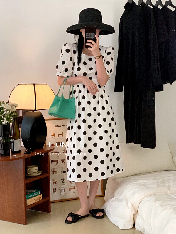 [f one] French back hollow square neck polka dot dress 66177\wpl