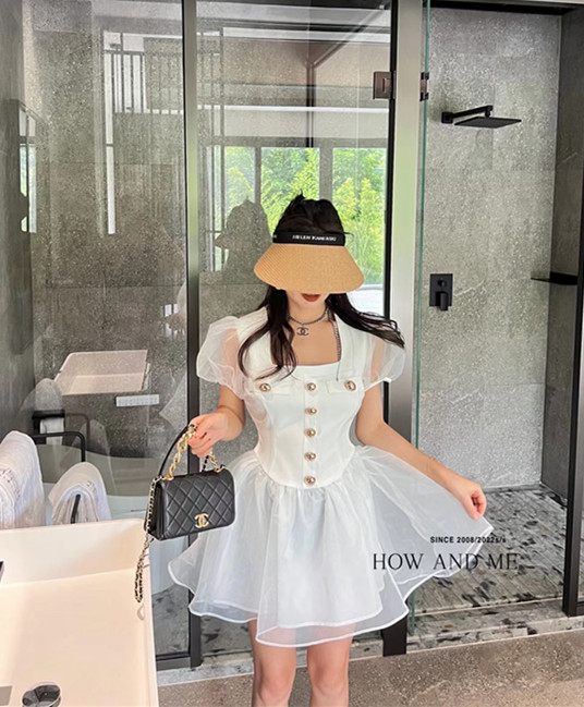 [how and me] square neck color blocked bubble sleeve waist dress (dress only) 7101\lsl
