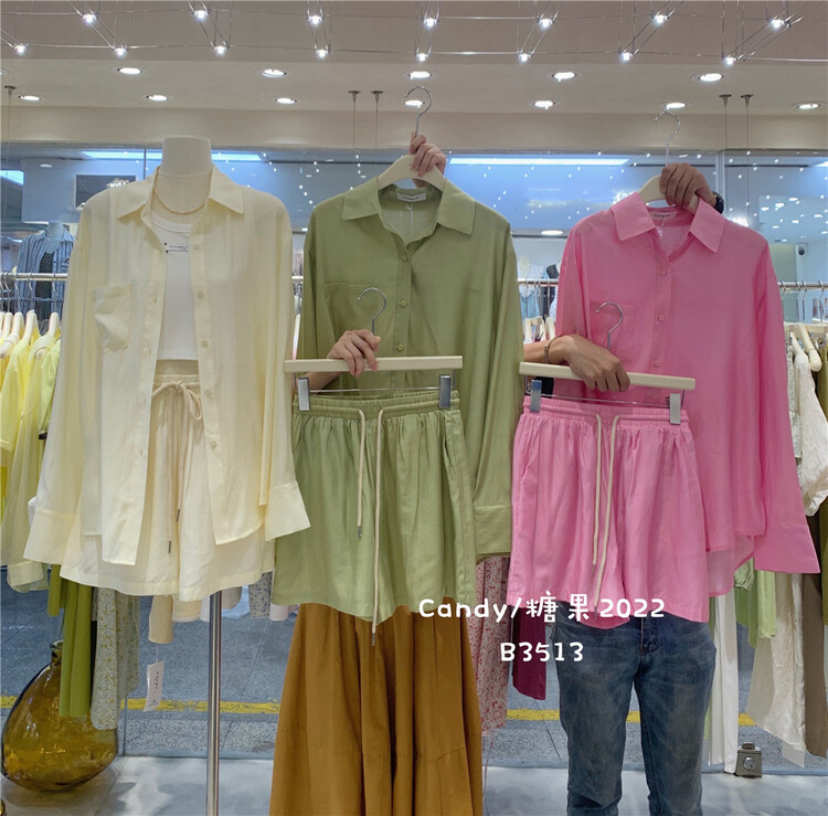 [candy] Korean long sleeve shirt + casual LACE UP SHORTS SET 3513\zjy