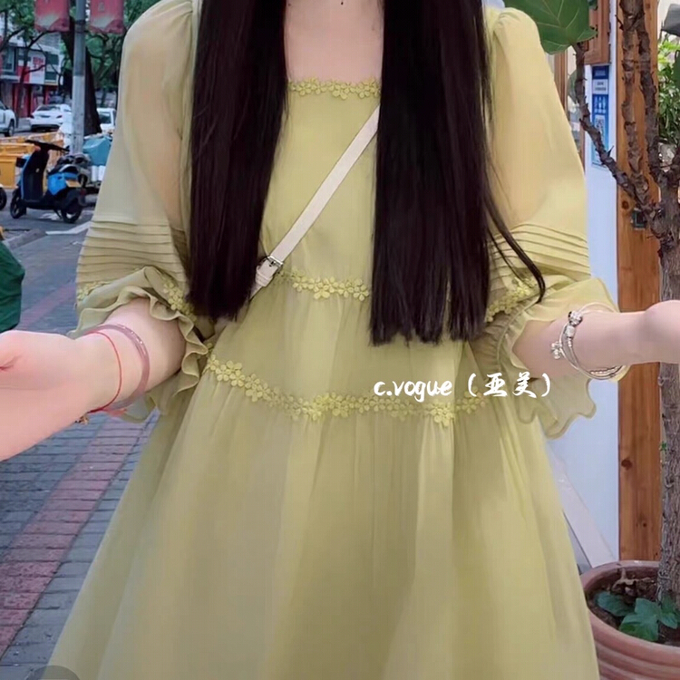 [c.vogue] Korean lace loose square neck dress 5807\pcz