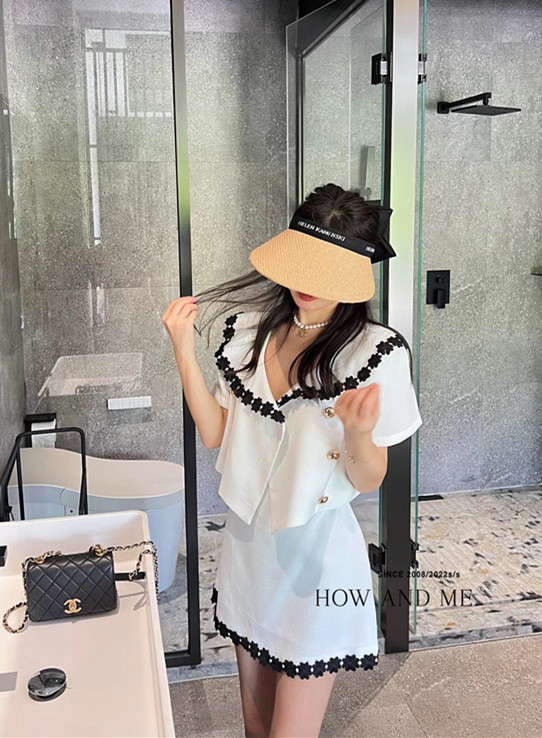 [how and me] temperament small fragrance double breasted short coat + slim skirt suit 7131\lsl