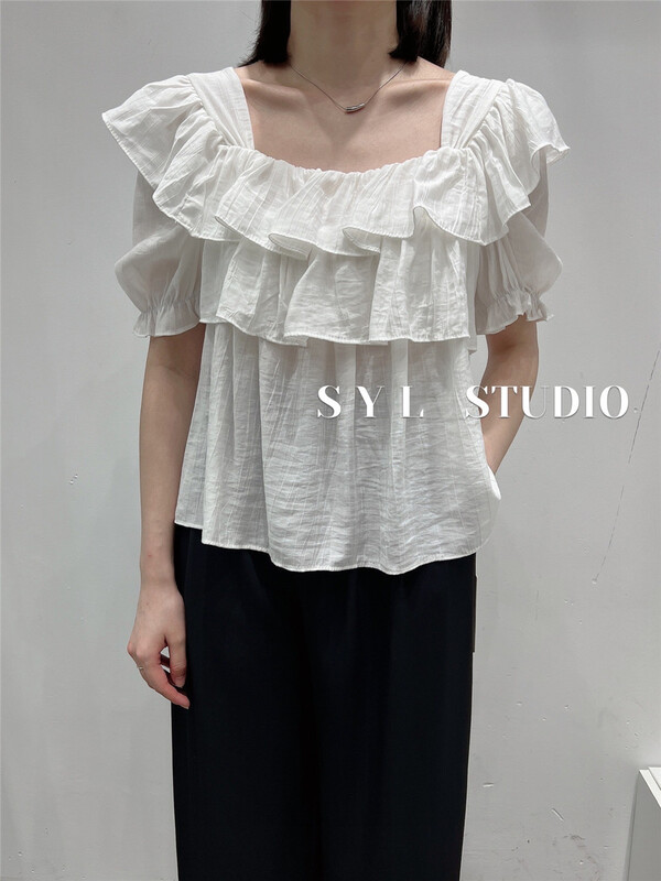 [SYL] temperament square neck Ruffle versatile shirt 5298\l