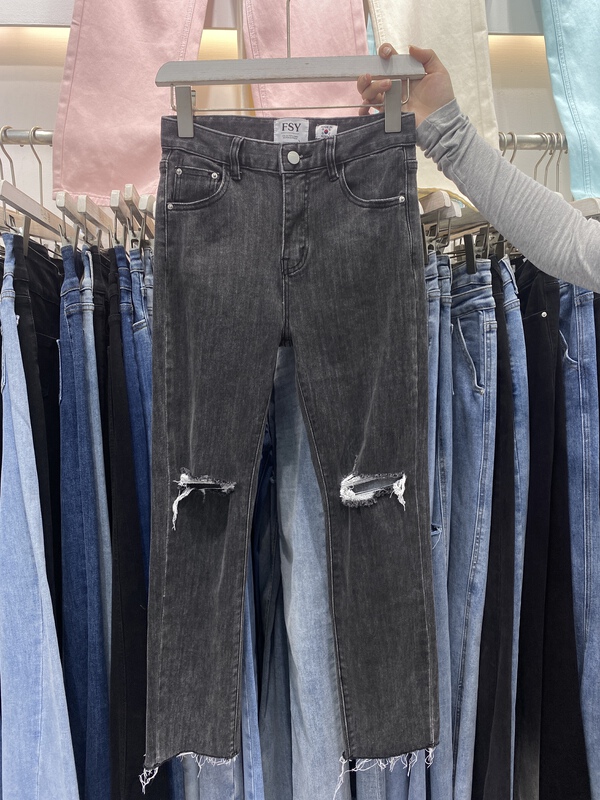 [x2 Vance feather] high waist slim nine point hole smoke tube jeans 8225\wtt