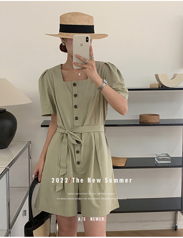 [the mind] Korean style summer square neck solid color skinny age reducing Jumpsuit (with waist rope) 60580\jhy