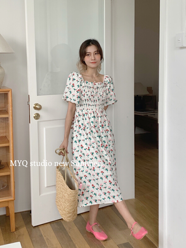 [m.yqueen] square neck bubble sleeve pull temperament dress 6850\cl
