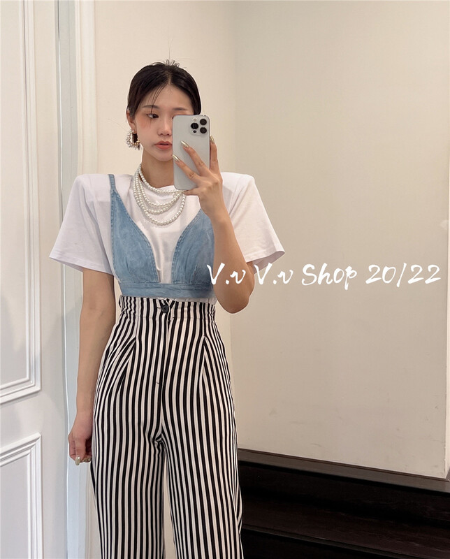 [v.v] Korean round neck bubble sleeve shoulder pad short sleeve T-shirt (with vest) 7315\zxx