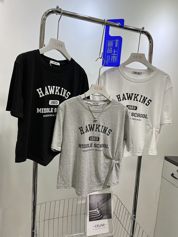 [9319] simple letter print waist fold design Short Sleeve T-shirt 8155\l