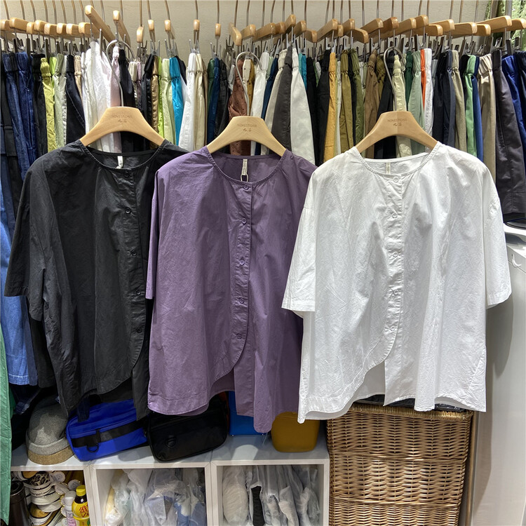 [ninestone nine stones] round neck single breasted irregular hem shirt 261028\l