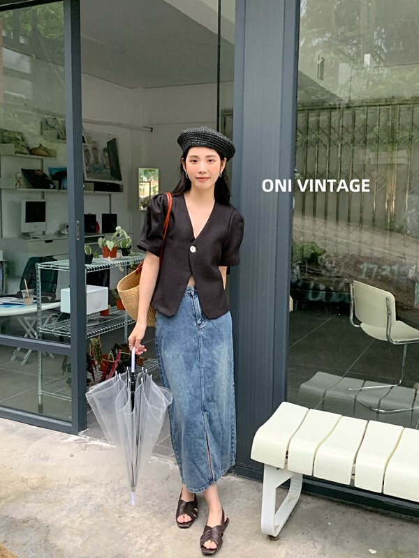 [onivinage Omni] long split retro wash denim skirt ow224n5617