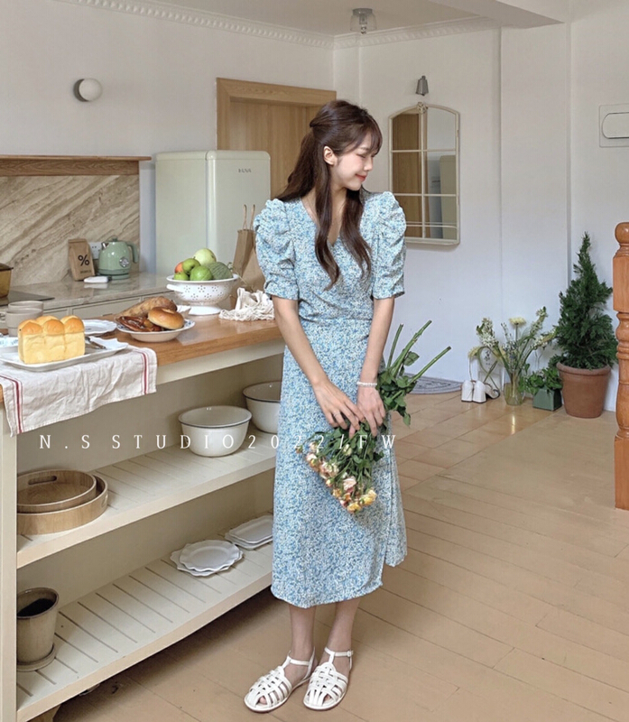 [N.S] French temperament one piece lace up thin floral dress 12292\wpl