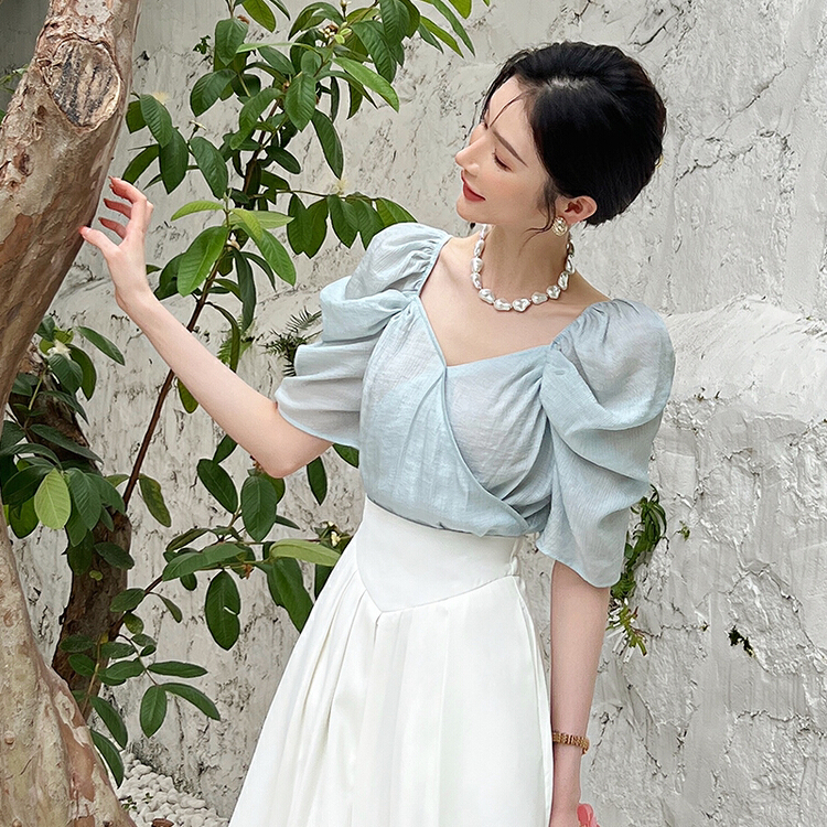 [Hanna inclusive] design sense irregular cross Chiffon 2022 summer new slim shirt m10106\xj