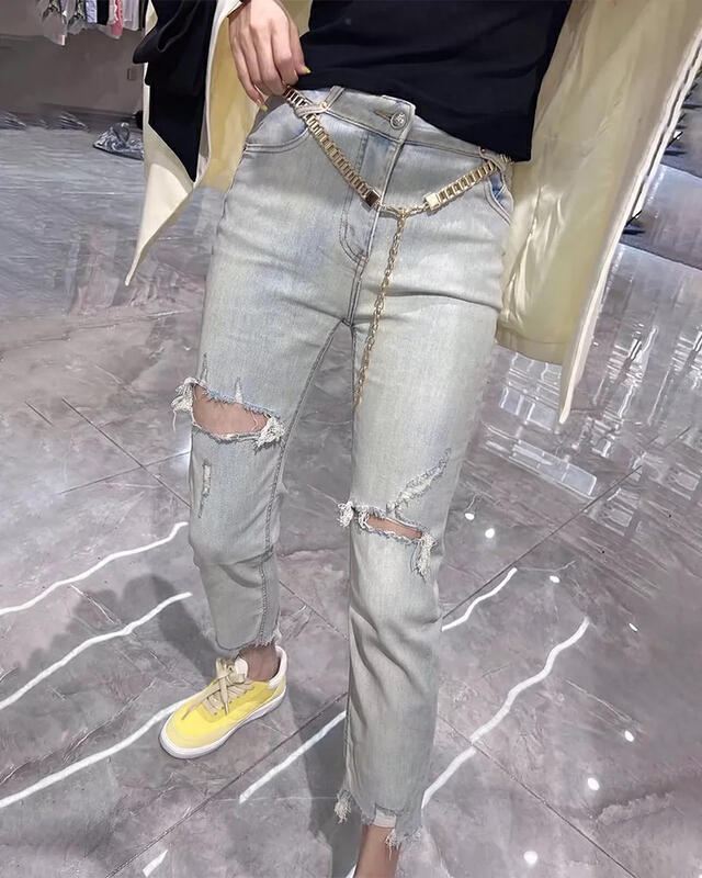 Original price 98.99! [okd] high waist straight cut jeans (with waist rope) 52653-00\zxl