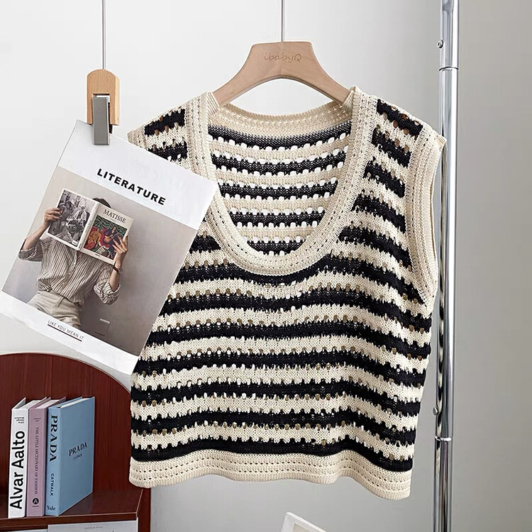 [Gangan] hollow stripe round neck knitted vest / sling 2281\cl