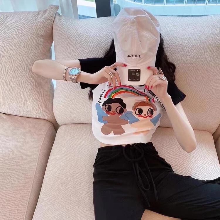 [Tan] cartoon print slim fit short sleeve T-shirt t3581\zxl