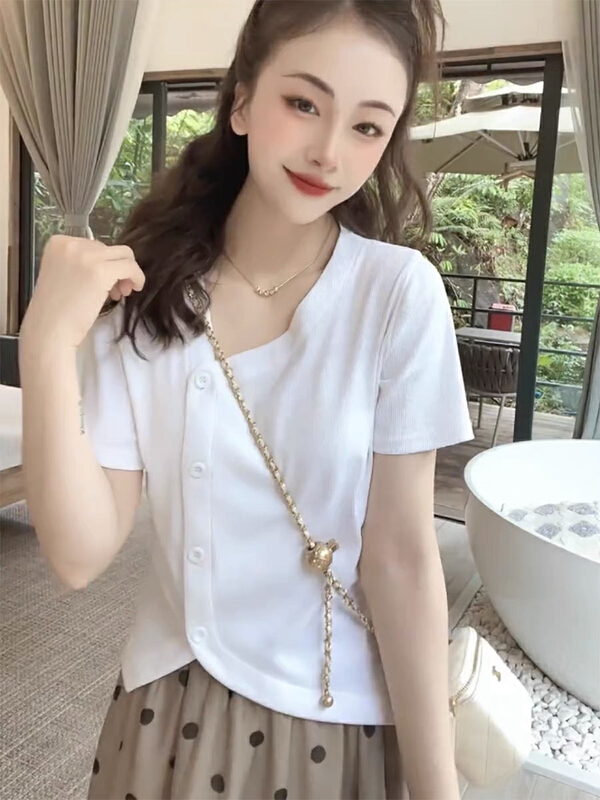 [miss Xixi] fashion, foreign style, simple and irregular minority short sleeve T-shirt 1132\l