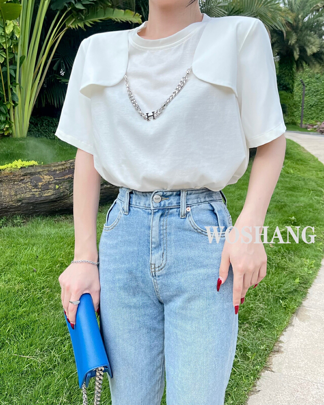 [woshang] Korean loose Pullover short sleeve T-shirt (with removable chain decoration) 1264\xyj