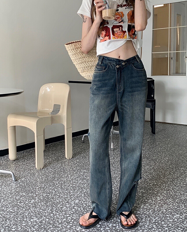 [ten. 10] Korean version of retro distressed slim diagonal jeans 33996\wpl