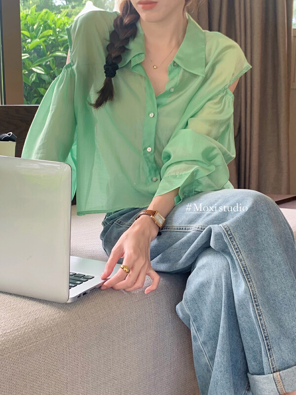 [Moxi] Korean simple casual off shoulder shirt 75964-\xj