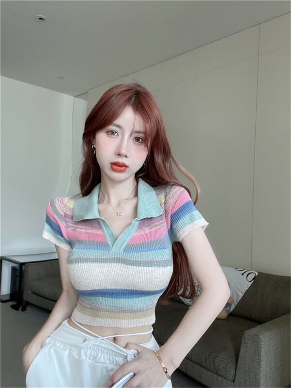 [d.ffstudio] pure polo collar short slim striped sweater ys1-1166\wtt