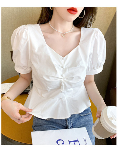  summer new square neck bubble Chiffon Short Sleeve Ruffle small shirt French shirt women's loose short top