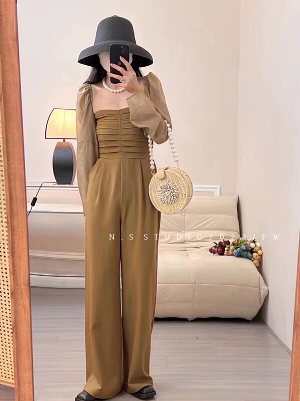 [N.S] advanced pressure sensitive pleated waist slimming Jumpsuit + temperament short sunscreen suit 3325\wpl