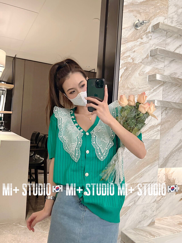 [mi+] lace edge Beaded short sleeve sweater 2195\ozq