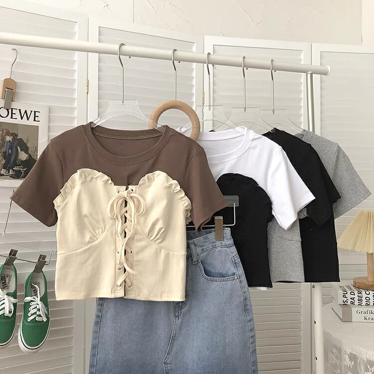 [Gangan] color blocked round neck Ruffle lace up short sleeve T-shirt 2293\\cl